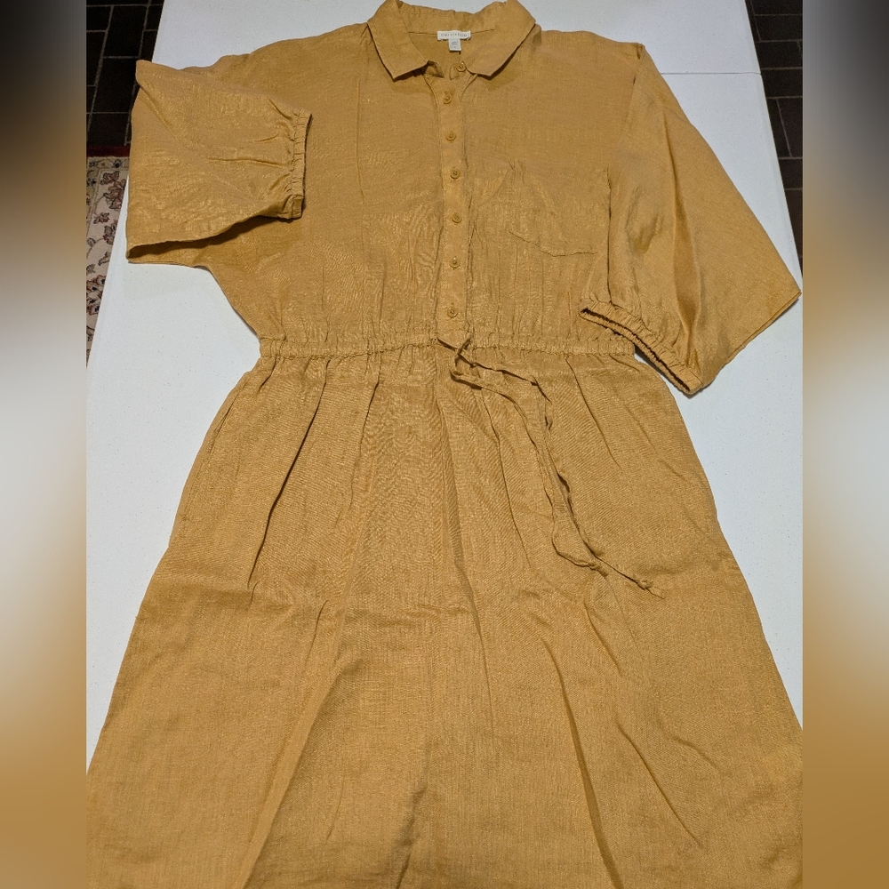 Garnet Hill Linen Mustard Yellow Wing Sleeve Button Front Dress Size S